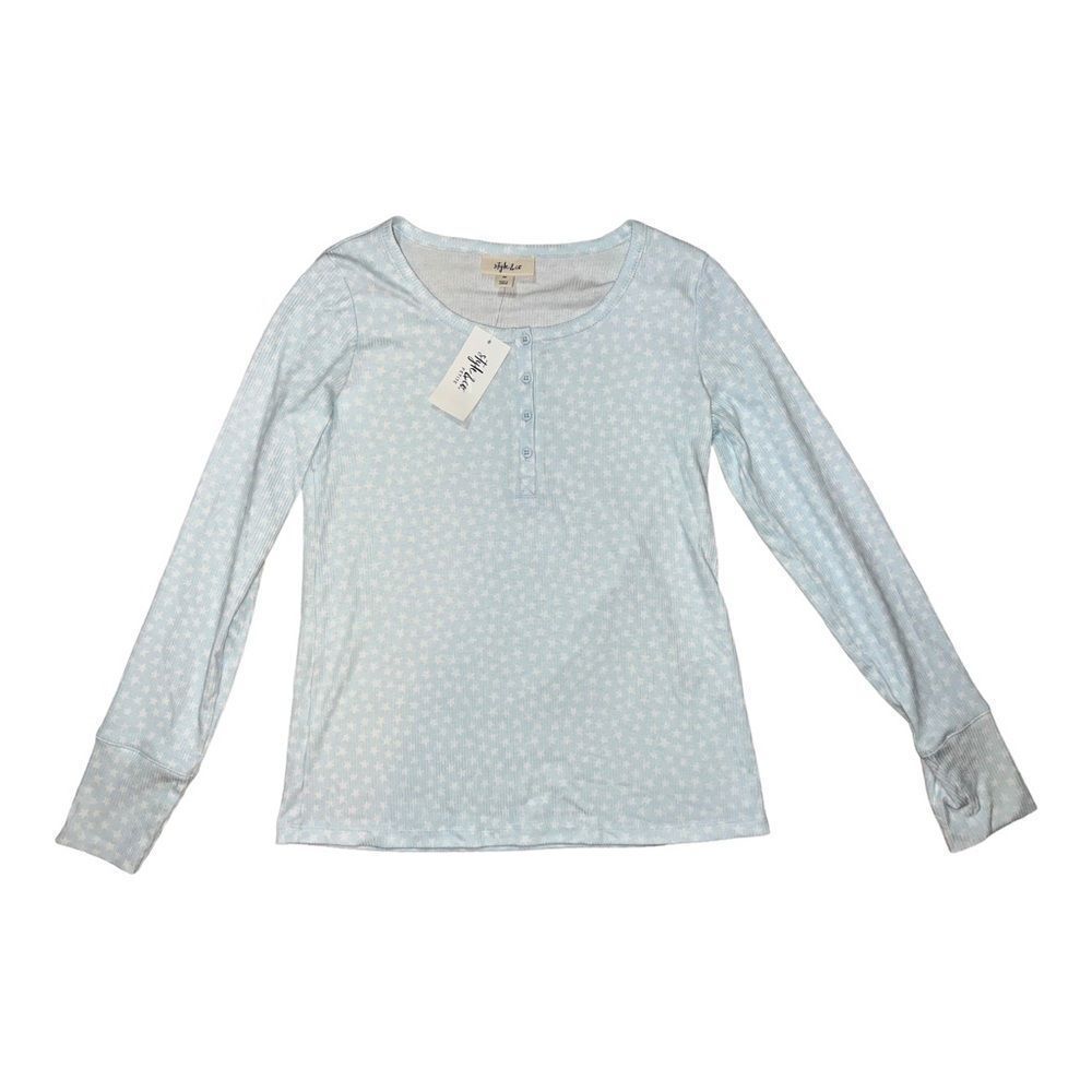 Style & Co Women's Clear Blue Star Print Ribbed Henley Top Petite PP NWT